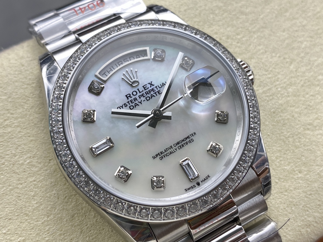 Rolex Day Date 36 Mother of Pearl Dial Diamond Bezel Platinum President m128396tbr 0005