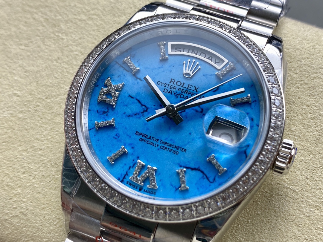 Rolex Day Date 36 Platinum Turquoise Diamond-Set Roman Dial Diamond Bezel m128396tbr 0016