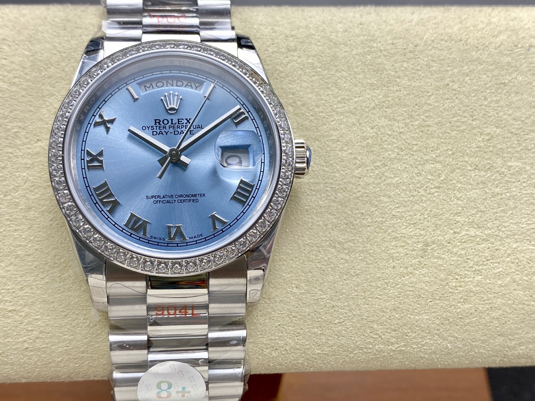 Rolex Day Date 36 Diamond Bezel Ice Blue Roman Dial m128396tbr 0019