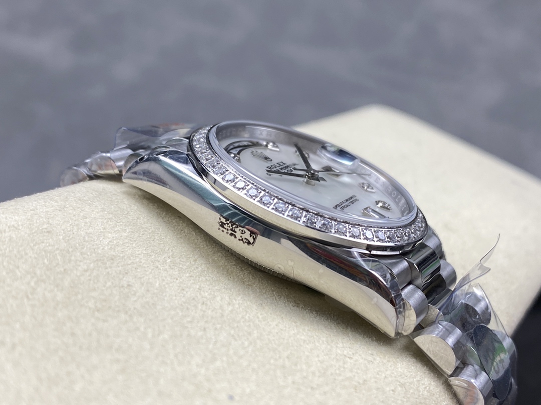 Rolex Day Date 36 Mother of Pearl Dial Diamond Bezel Platinum President m128396tbr 0005
