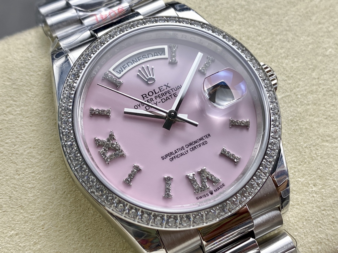 Rolex Day Date 36 Platinum Pink Opal Diamond-Set Roman Dial Diamond Bezel m128396tbr 0009