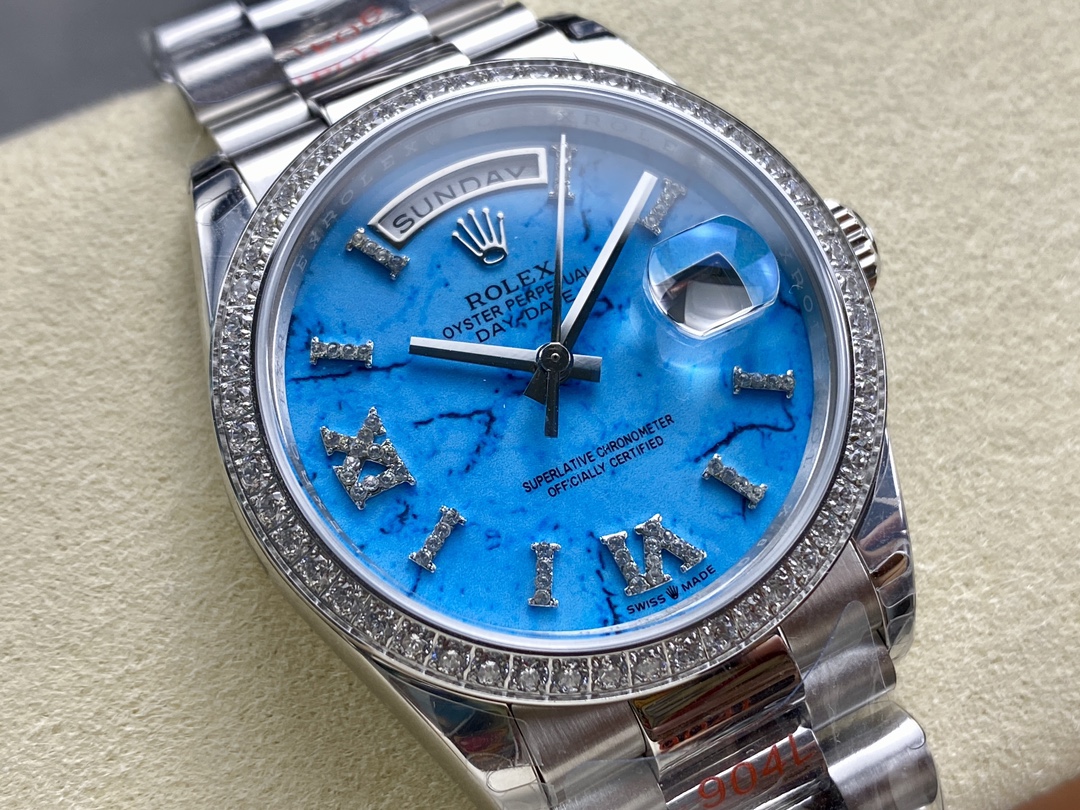 Rolex Day Date 36 Platinum Turquoise Diamond-Set Roman Dial Diamond Bezel m128396tbr 0016