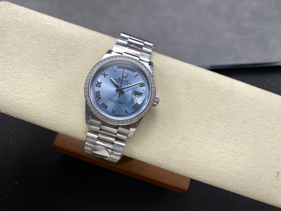 Rolex Day Date 36 Diamond Bezel Ice Blue Roman Dial m128396tbr 0019