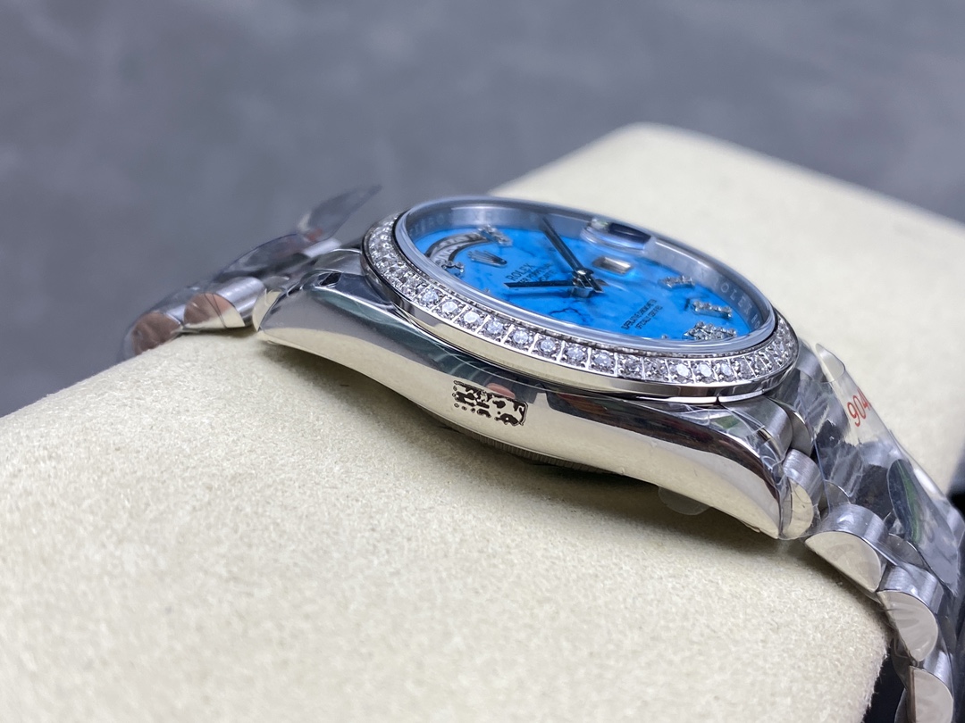 Rolex Day Date 36 Platinum Turquoise Diamond-Set Roman Dial Diamond Bezel m128396tbr 0016