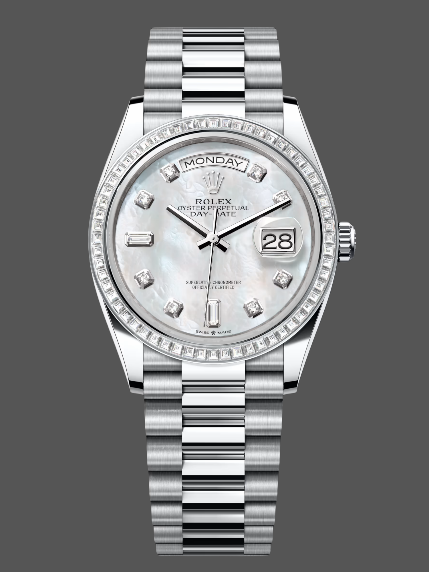 Rolex Day Date 36 Mother of Pearl Dial Diamond Bezel Platinum President m128396tbr 0005