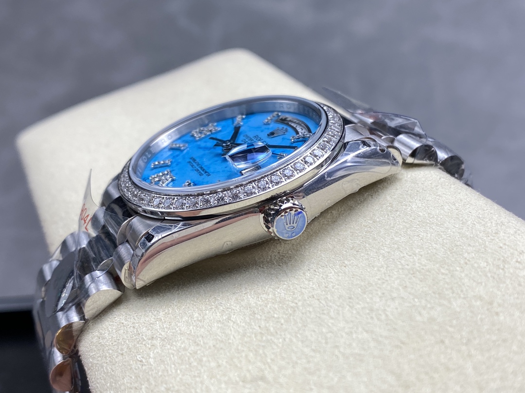 Rolex Day Date 36 Platinum Turquoise Diamond-Set Roman Dial Diamond Bezel m128396tbr 0016