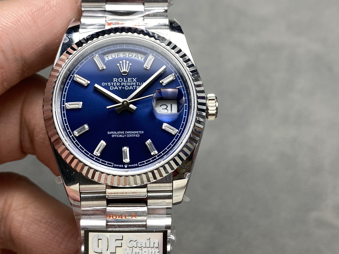 Rolex Day Date 36 36mm Bright Blue Diamond-Set Dial Fluted Bezel Presi m128236 0023