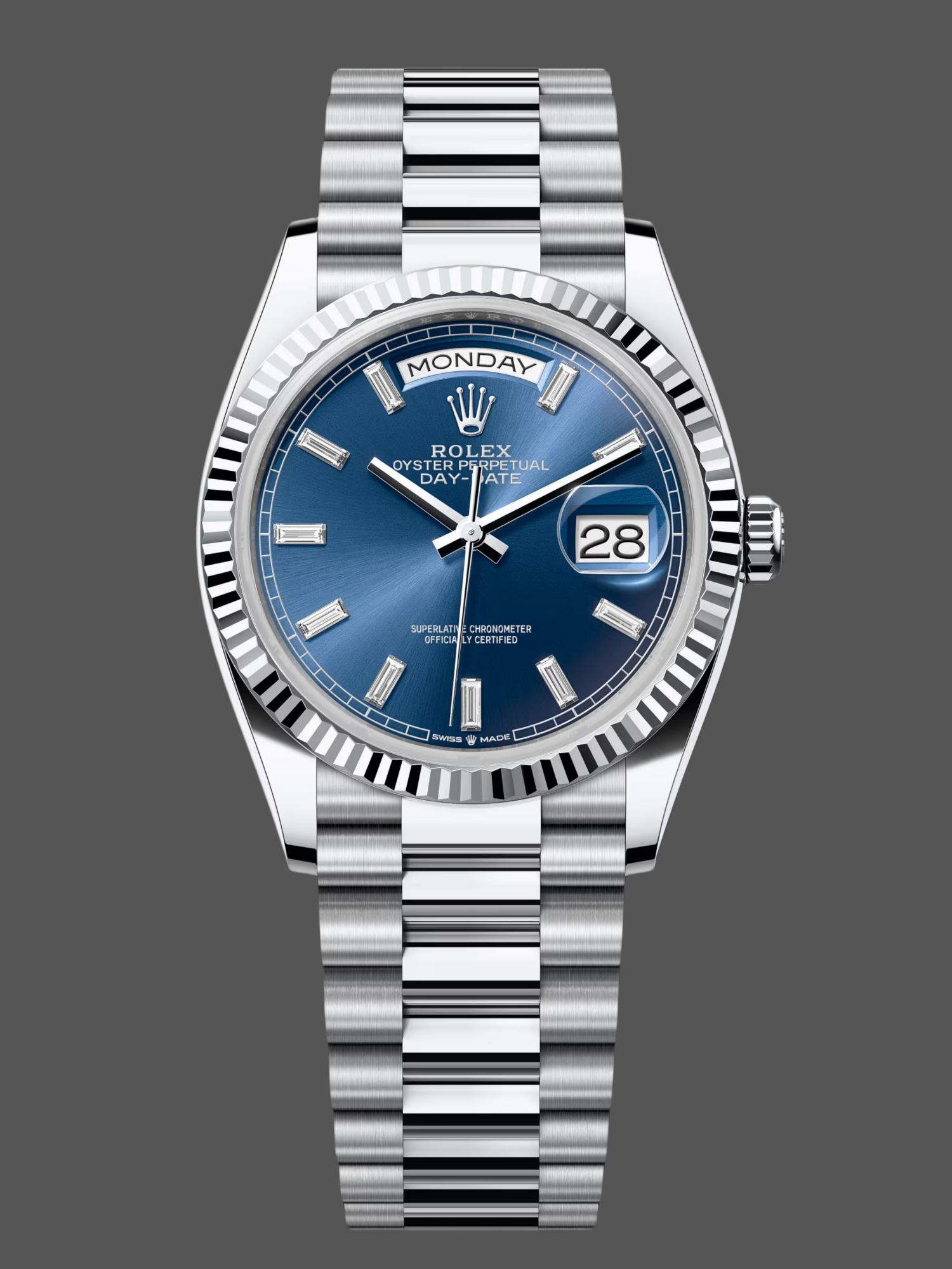Rolex Day Date 36 36mm Bright Blue Diamond-Set Dial Fluted Bezel Presi m128236 0023