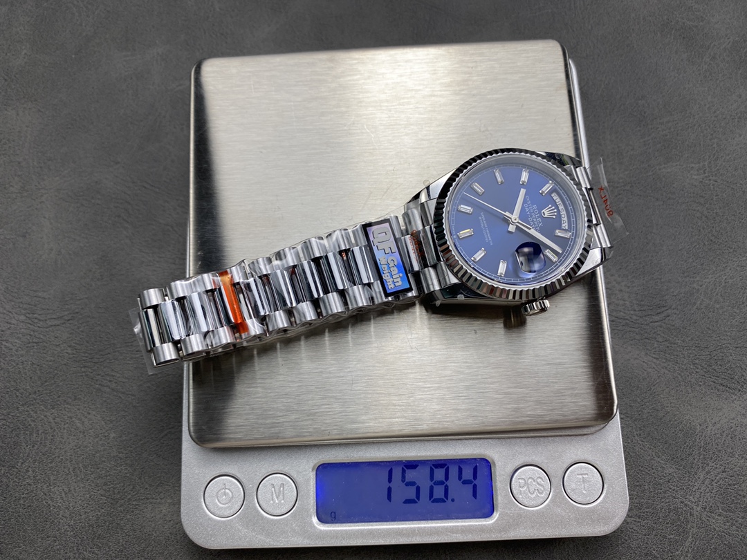 Rolex Day Date 36 36mm Bright Blue Diamond-Set Dial Fluted Bezel Presi m128236 0023