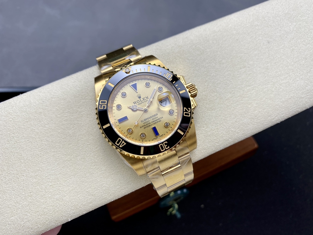 Rolex Submariner 40 18k Champagne Diamond Dial Black Bezel 16613T Gold Watch