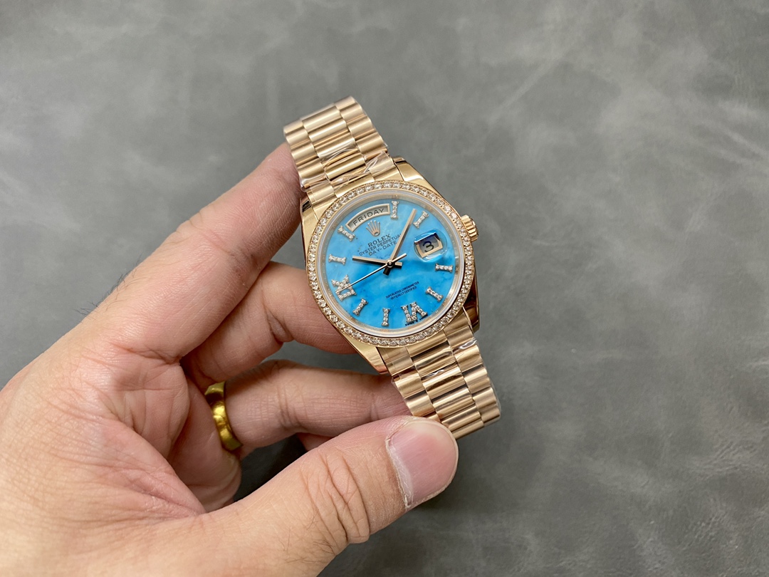 Rolex Day-Date 36 Rose Gold Turquoise Diamond-Set Roman Dial Diamond Bezel m128345rbr 0064