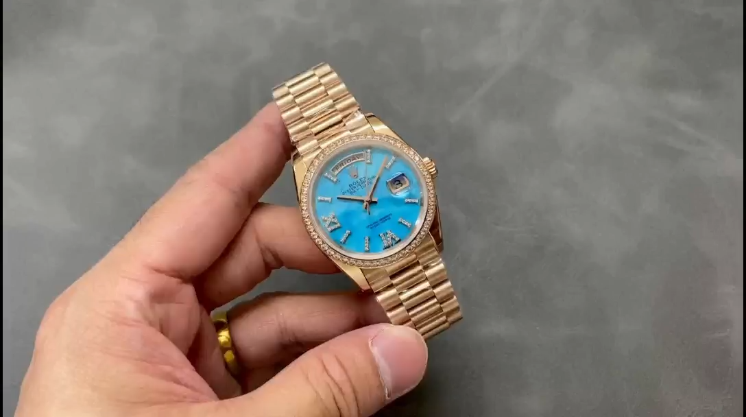Rolex Day-Date 36 Rose Gold Turquoise Diamond-Set Roman Dial Diamond Bezel m128345rbr 0064