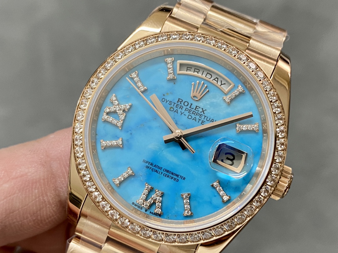 Rolex Day-Date 36 Rose Gold Turquoise Diamond-Set Roman Dial Diamond Bezel m128345rbr 0064