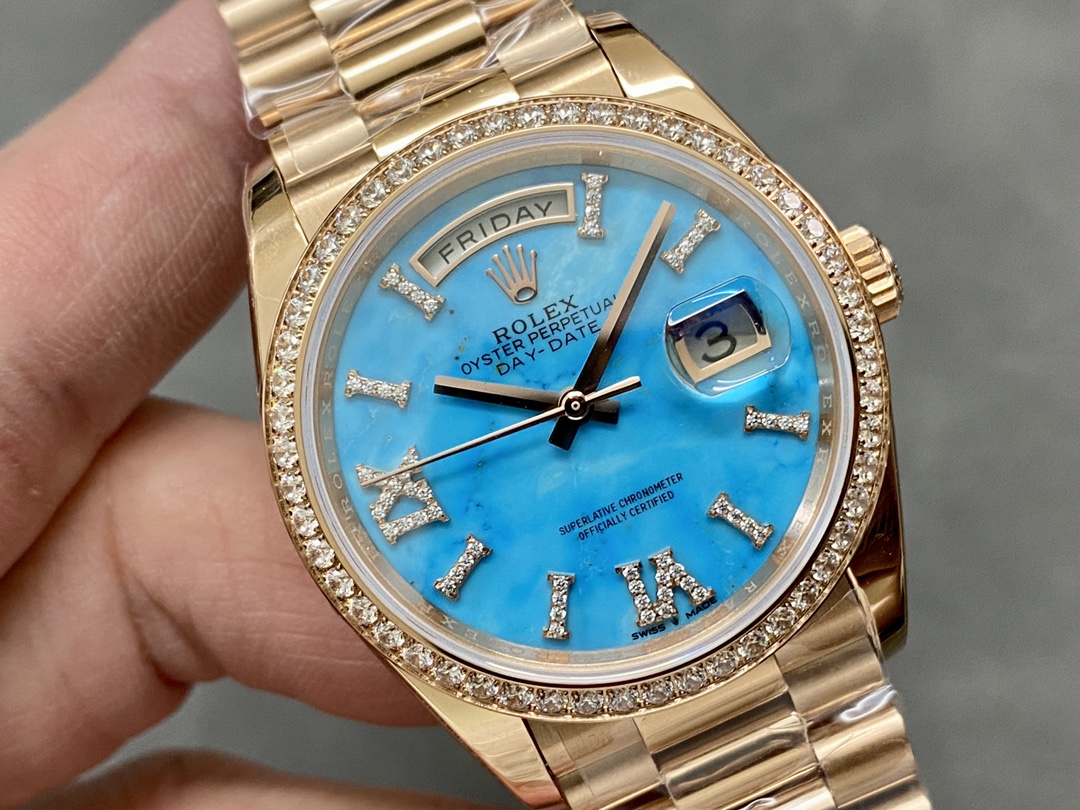 Rolex Day-Date 36 Rose Gold Turquoise Diamond-Set Roman Dial Diamond Bezel m128345rbr 0064