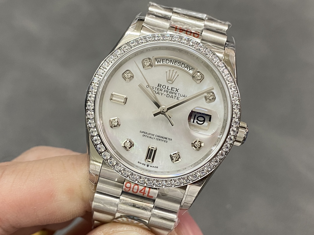 Rolex Day-Date 128349RBR White Mother of Pearl Dial Diamond Bezel 36MM Lady Replica Watch