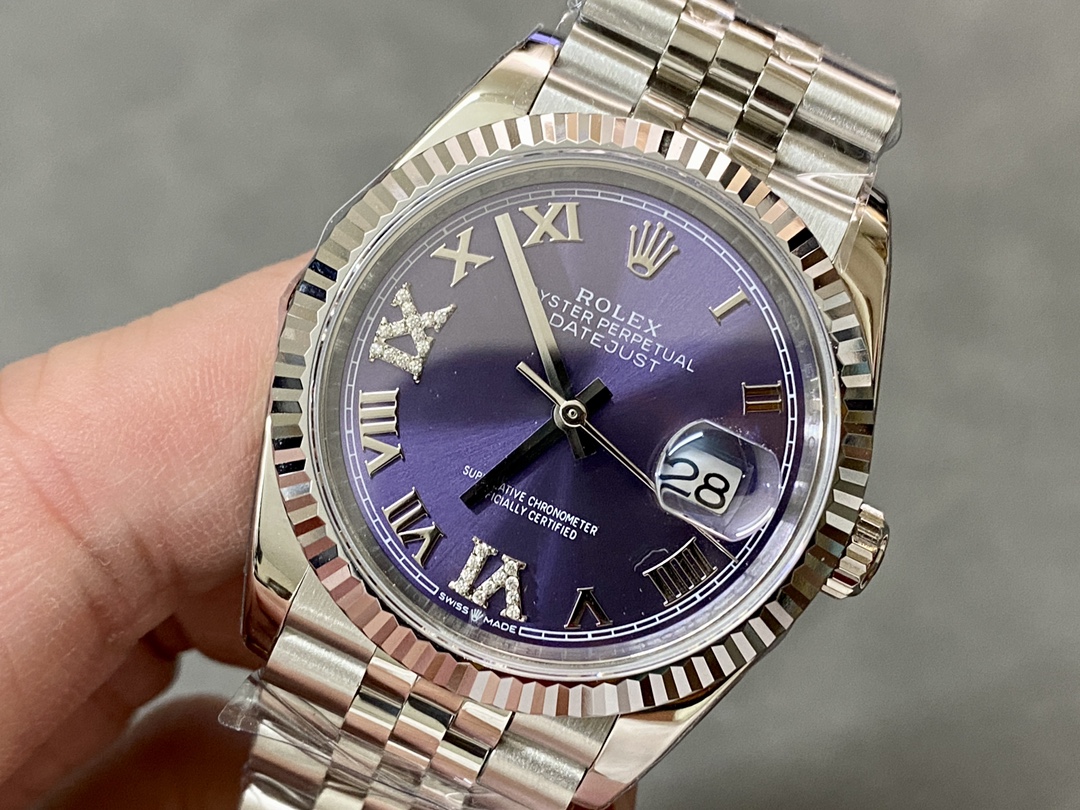 Rolex Datejust 126234 Fluted Bezel Aubergine Dial 36MM Unisex Replica Watch