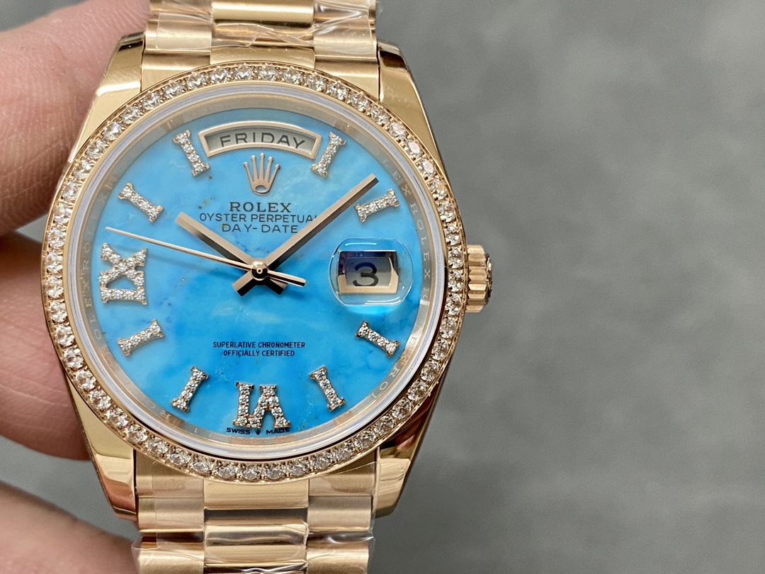 Rolex Day-Date 36 Rose Gold Turquoise Diamond-Set Roman Dial Diamond Bezel m128345rbr 0064