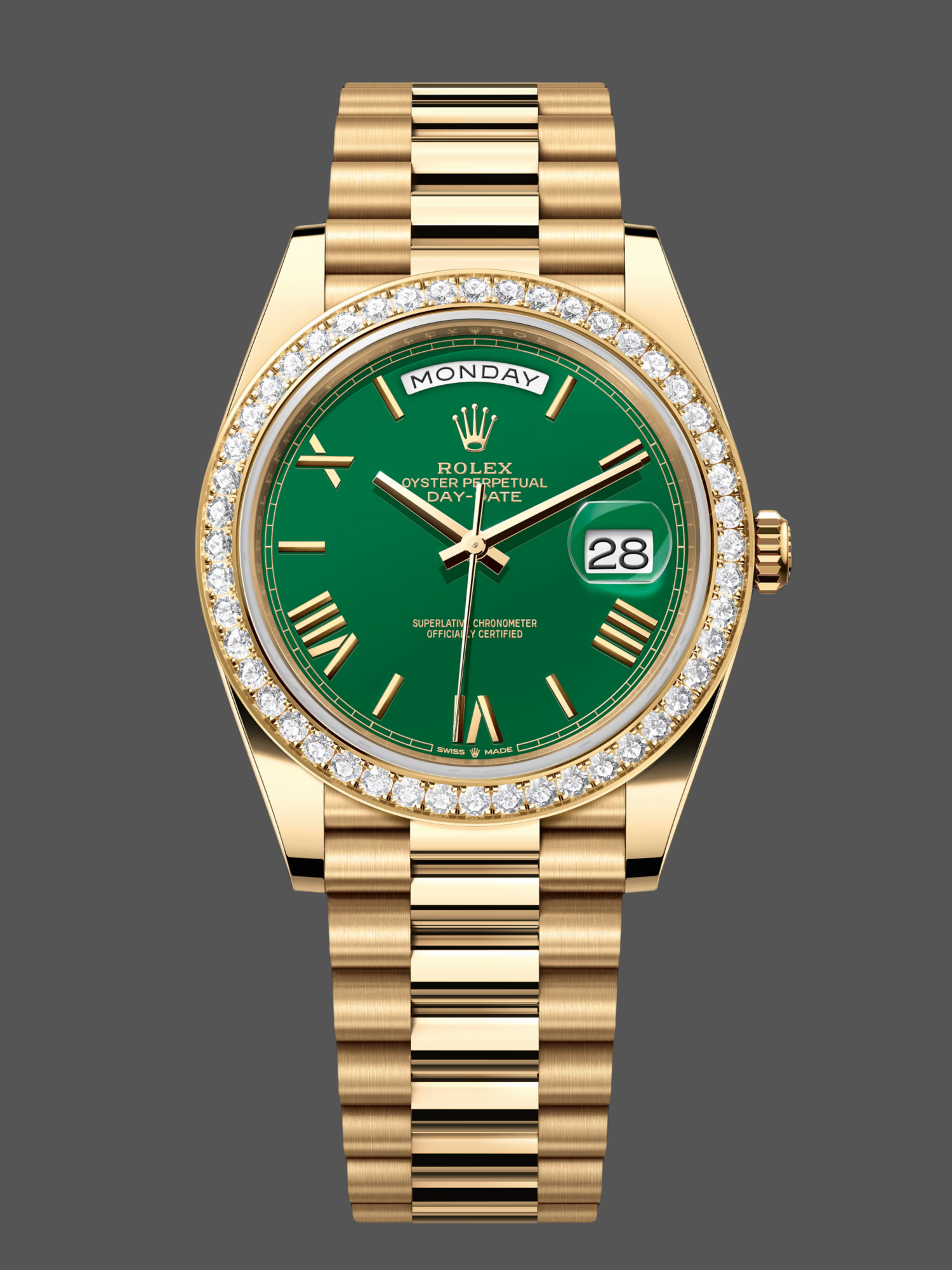 Rolex Day Date 40 18K Yellow Gold Green Dial Diamond Bezel M228348RBR 0040 Men's Watch