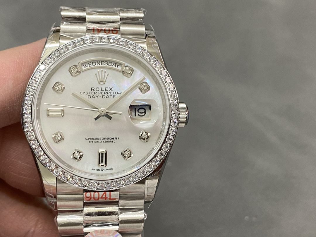 Rolex Day-Date 128349RBR White Mother of Pearl Dial Diamond Bezel 36MM Lady Replica Watch