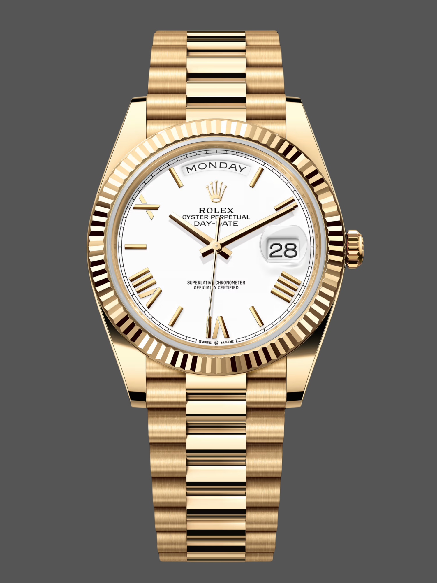 Rolex Day-Date 228238 White Roman Dial Fluted Bezel 40mm Mens Replica Watch