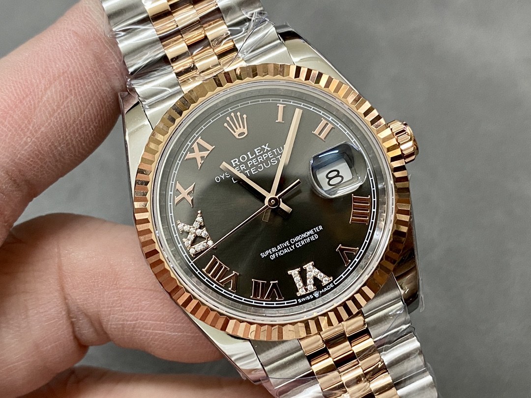 Rolex Datejust 36 Everose Gold Slate Diamond Pave Roman Dial m126231 0023 Women's Watch