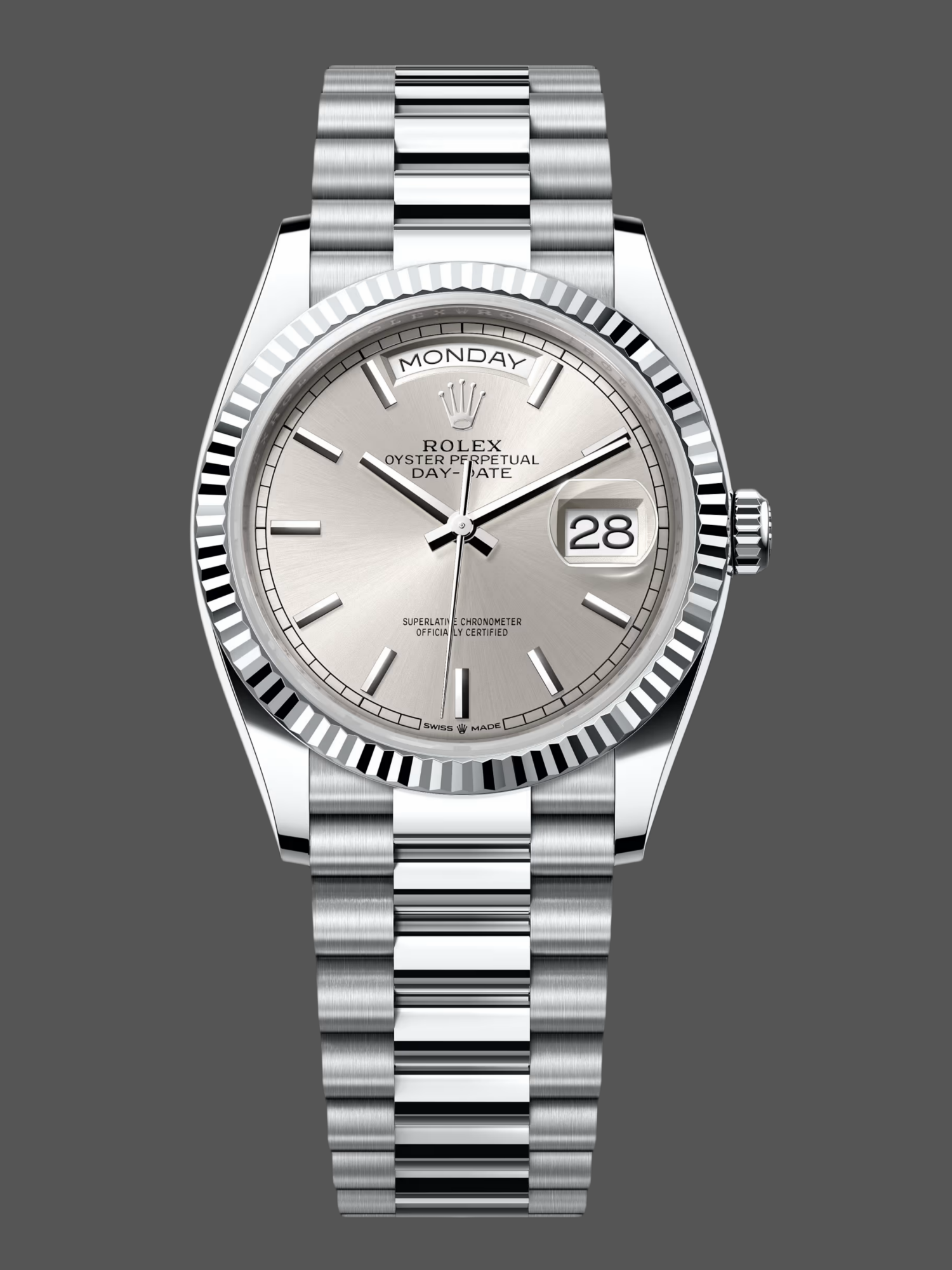 Rolex Day Date 36mm Platinum White Gold Silver Index 128236 0001