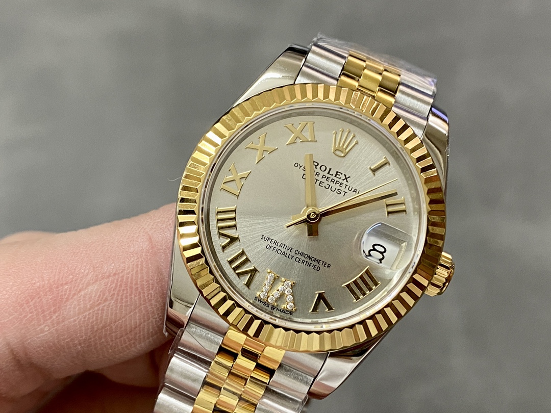 Rolex Datejust 31 Stainless Steel and Yellow Gold Silver Pave Roman Dial m278273 0004 Women's Watch