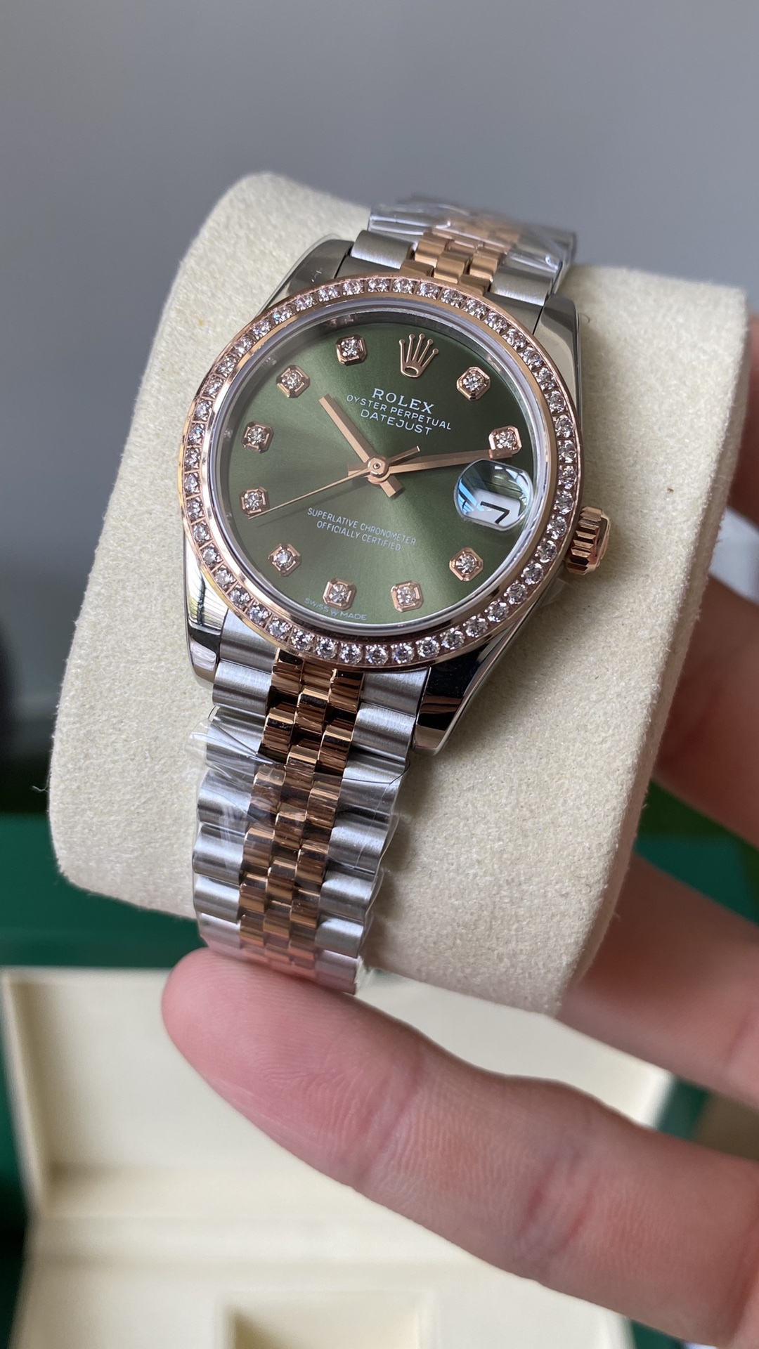 Rolex Datejust Olive Green Diamond Steel & Rose Gold 279381RBR 0007 Lady Watch