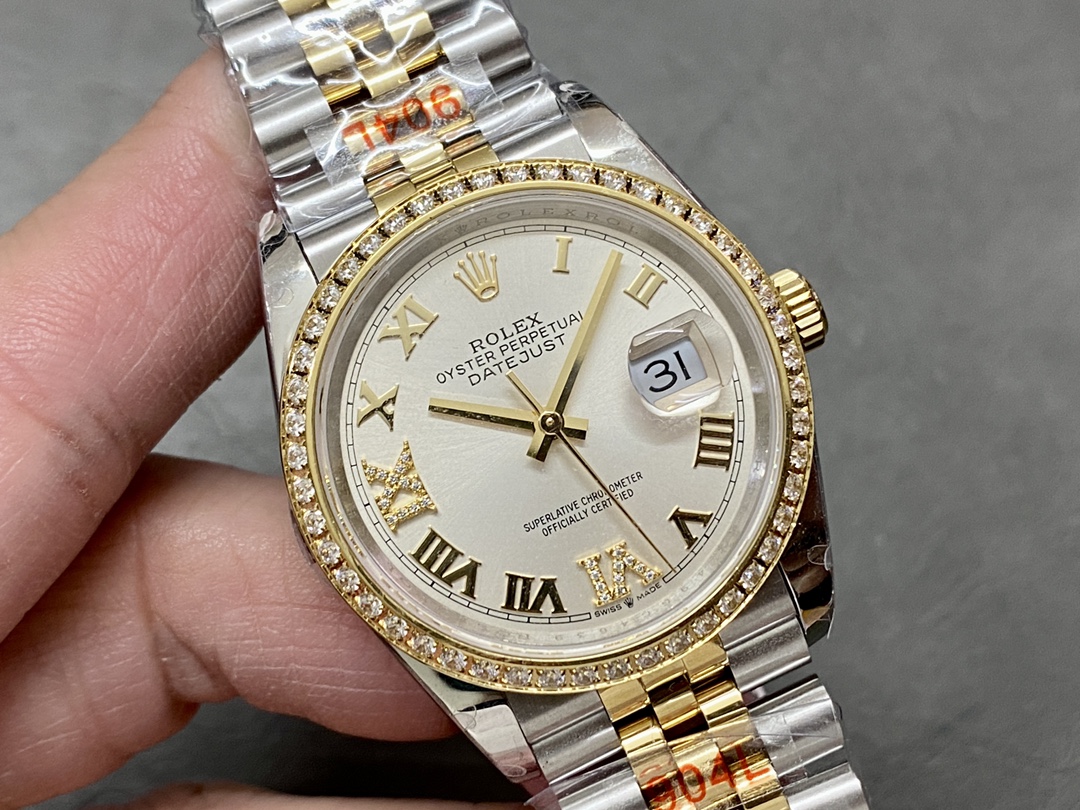 Rolex Datejust 36 Yellow Gold & Diamonds Silver Diamond Pave Roman Dial m126283rbr 0017