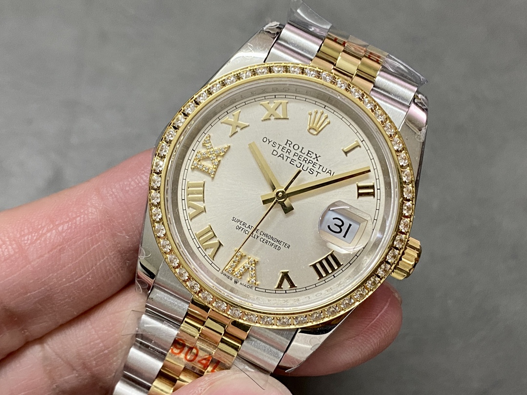 Rolex Datejust 36 Yellow Gold & Diamonds Silver Diamond Pave Roman Dial m126283rbr 0017