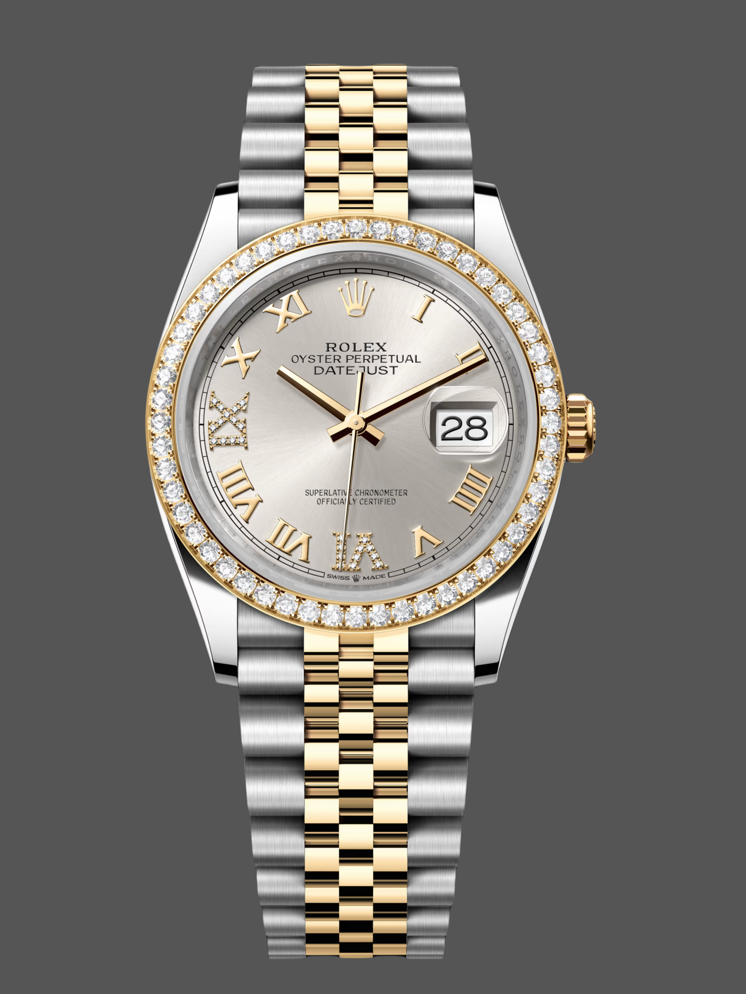Rolex Datejust 36 Yellow Gold & Diamonds Silver Diamond Pave Roman Dial m126283rbr 0017