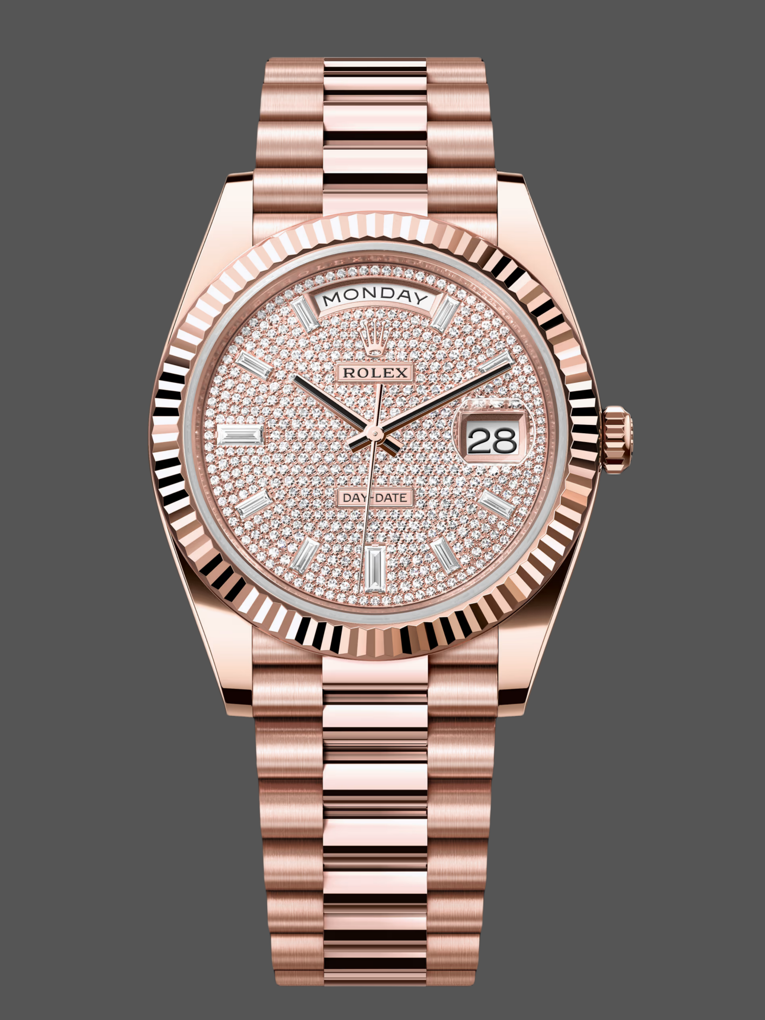 Rolex Day-Date 228235 Diamond Paved Dial Fluted Bezel 40mm Mens Replica Watch