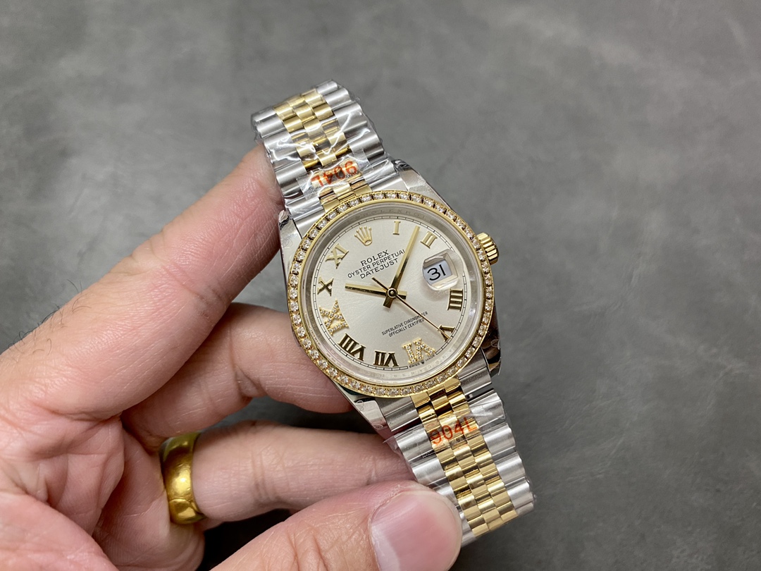 Rolex Datejust 36 Yellow Gold & Diamonds Silver Diamond Pave Roman Dial m126283rbr 0017