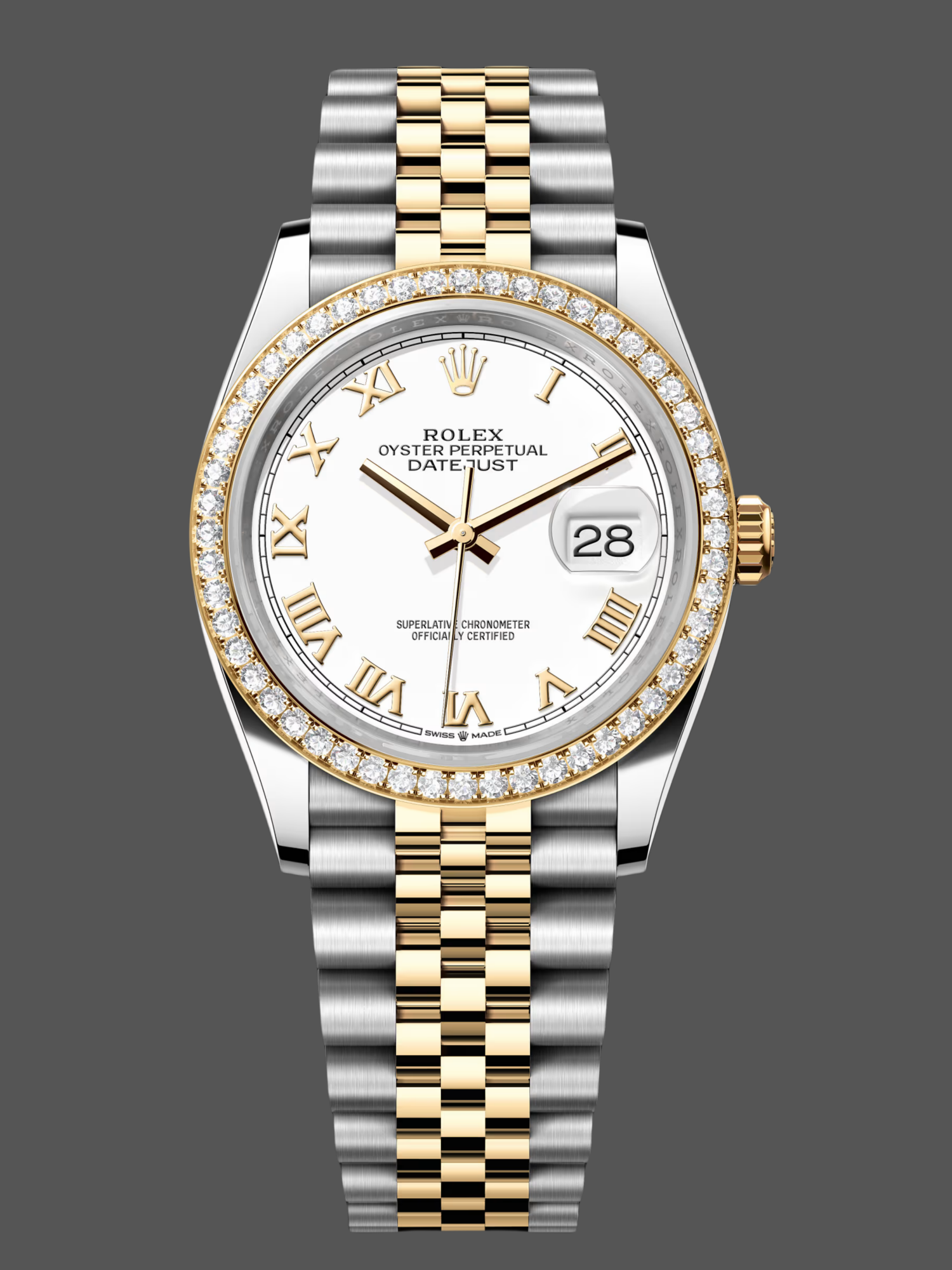 Rolex Datejust 36 Yellow Gold & Diamonds White Roman Dial M126283RBR 0015 Women's Watch