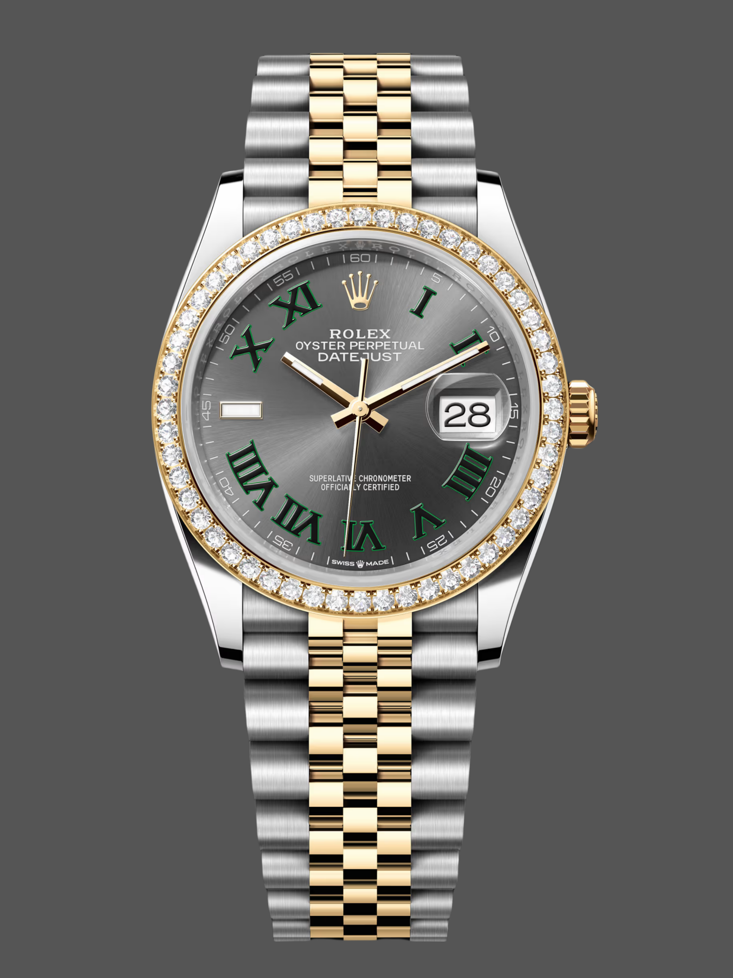 Rolex Datejust 36 Yellow Gold & Diamonds Slate Wimbledon Roman Dial m126283rbr 0021