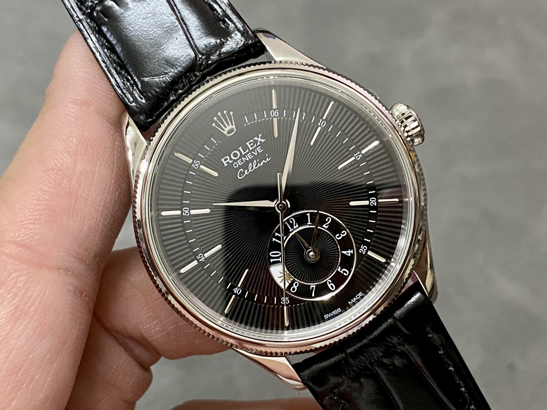 Rolex Cellini Dual Time 50529 Black Dial White Gold 39mm Mens Replica Watch