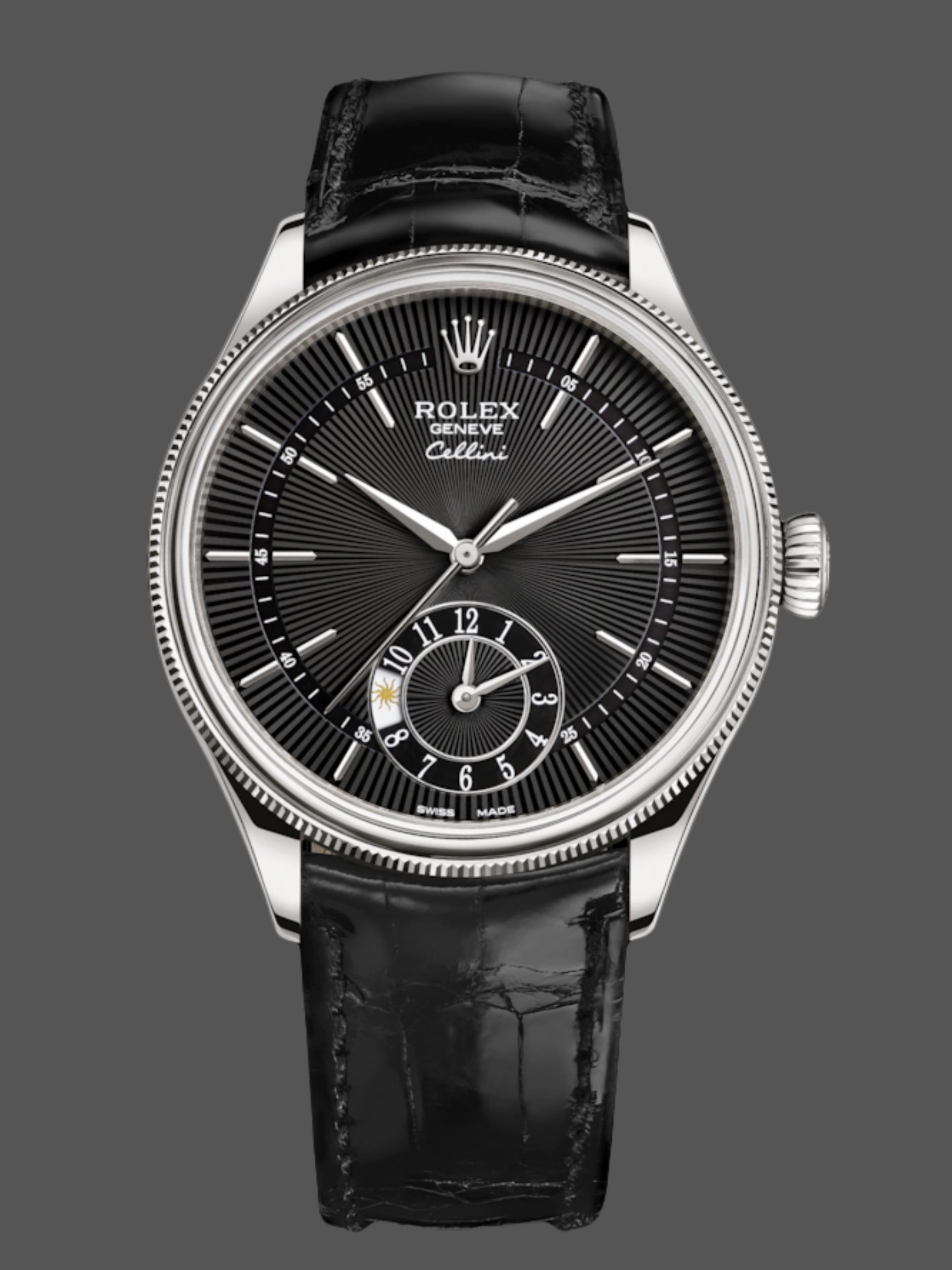 Rolex Cellini Dual Time 50529 Black Dial White Gold 39mm Mens Replica Watch