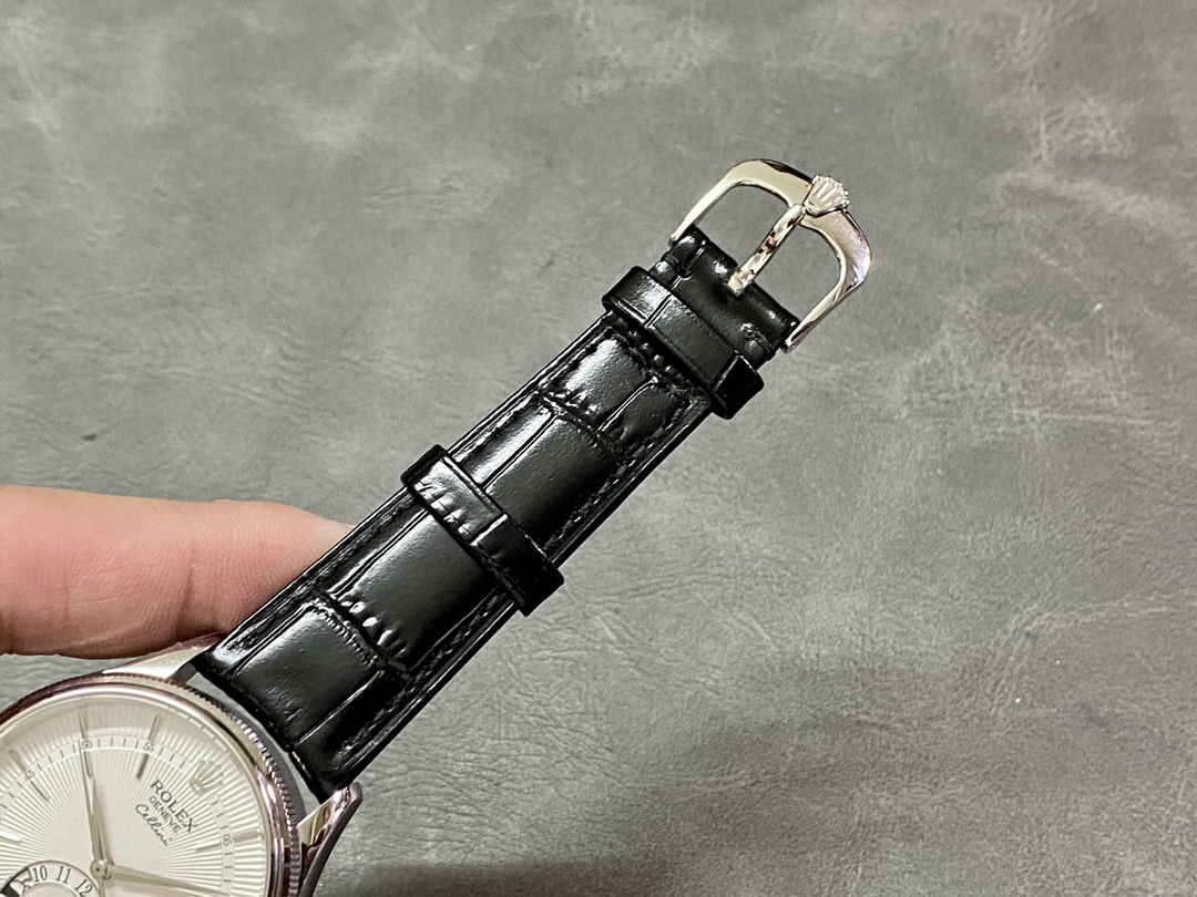 Rolex Cellini Dual Time 50529 Silver Sunburst Dial Black Leather Strap 39mm Mens Replica Watch