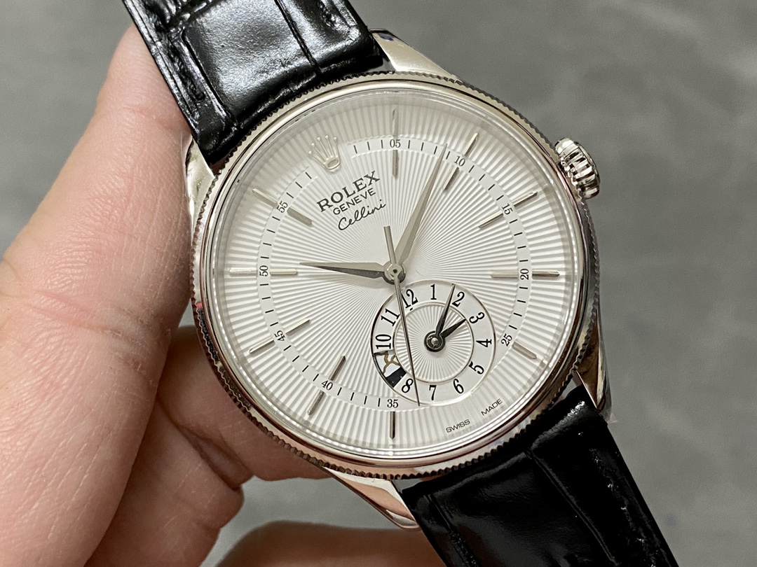 Rolex Cellini Dual Time 50529 Silver Sunburst Dial Black Leather Strap 39mm Mens Replica Watch