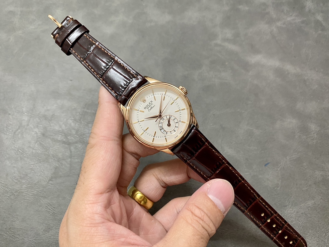 Rolex Cellini Dual Time 50525 Silver Dial Brown Leather Strap 39mm Mens Replica Watch