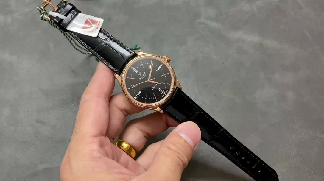 Rolex Cellini Time 50505 Black Leather Strap Black Dial 39mm Mens Replica Watch