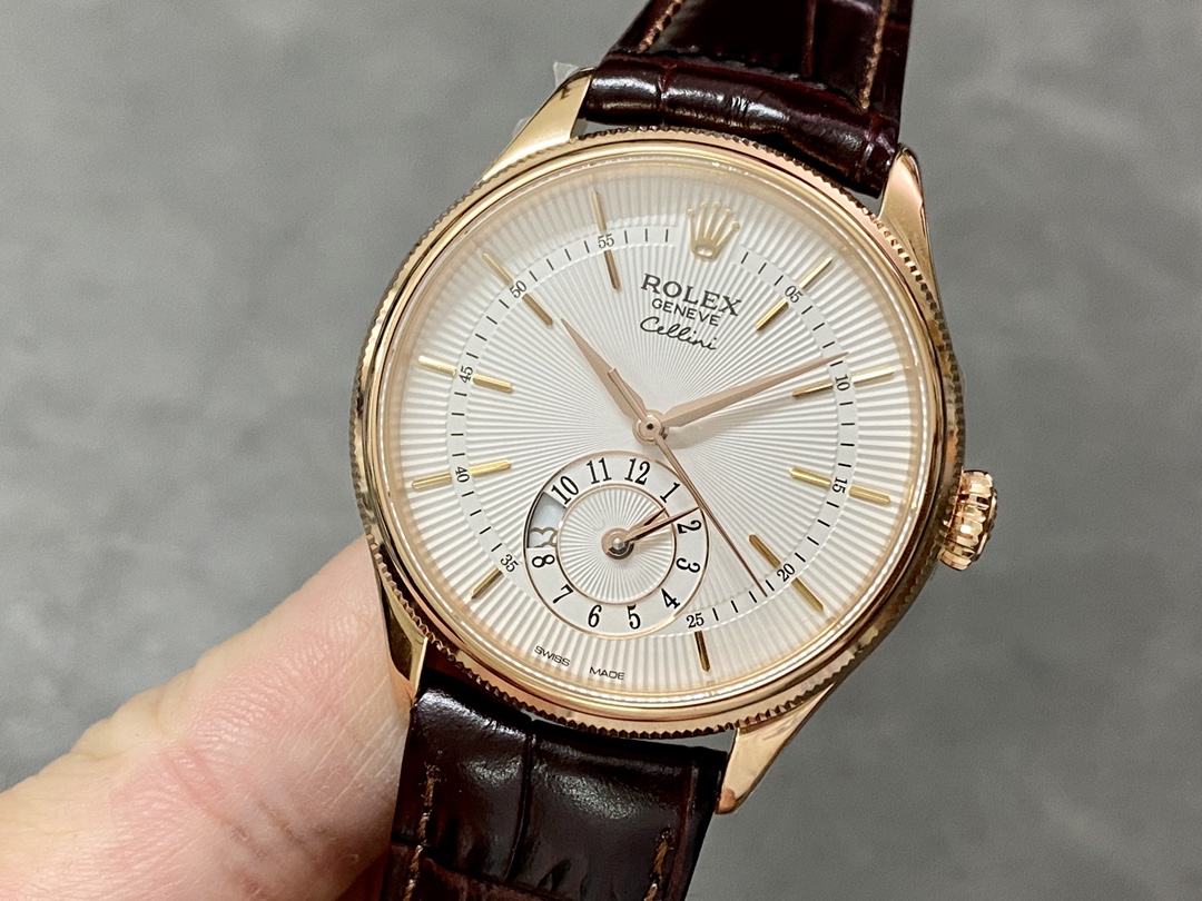 Rolex Cellini Dual Time 50525 Silver Dial Brown Leather Strap 39mm Mens Replica Watch