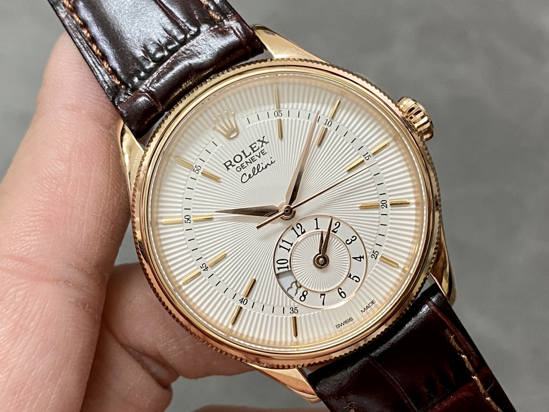 Rolex Cellini Dual Time 50525 Silver Dial Brown Leather Strap 39mm Mens Replica Watch