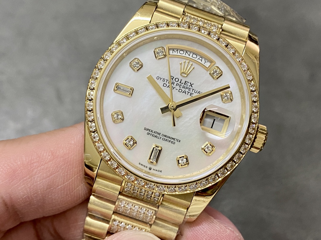 Rolex Day Date 36 Yellow Gold Diamond Bezel MOP Dial m128348rbr 0019