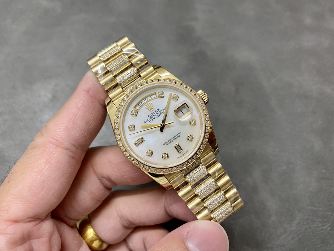 Rolex Day Date 36 Yellow Gold Diamond Bezel MOP Dial m128348rbr 0019