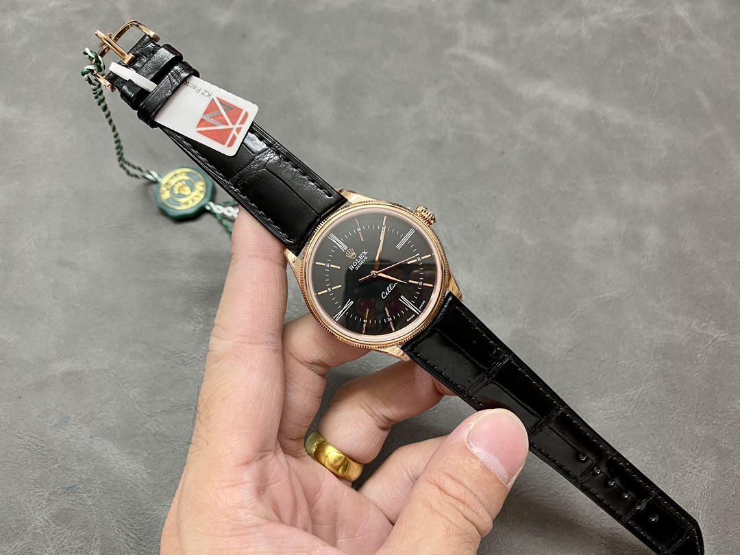 Rolex Cellini Time 50505 Black Leather Strap Black Dial 39mm Mens Replica Watch