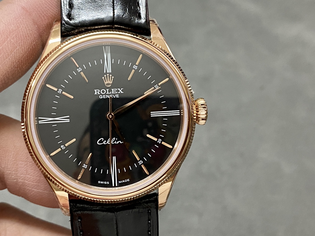 Rolex Cellini Time 50505 Black Leather Strap Black Dial 39mm Mens Replica Watch