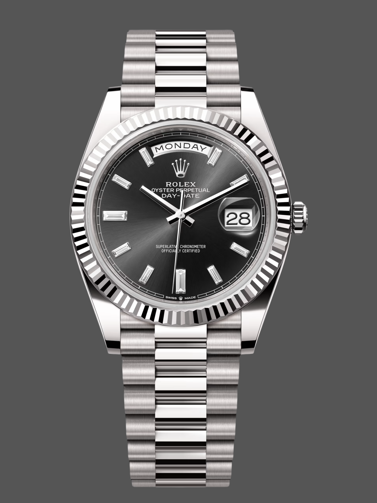 Rolex Day-Date 40mm 228239 0005 Black Diamond Dial Fluted Bezel Mens Replica Watch