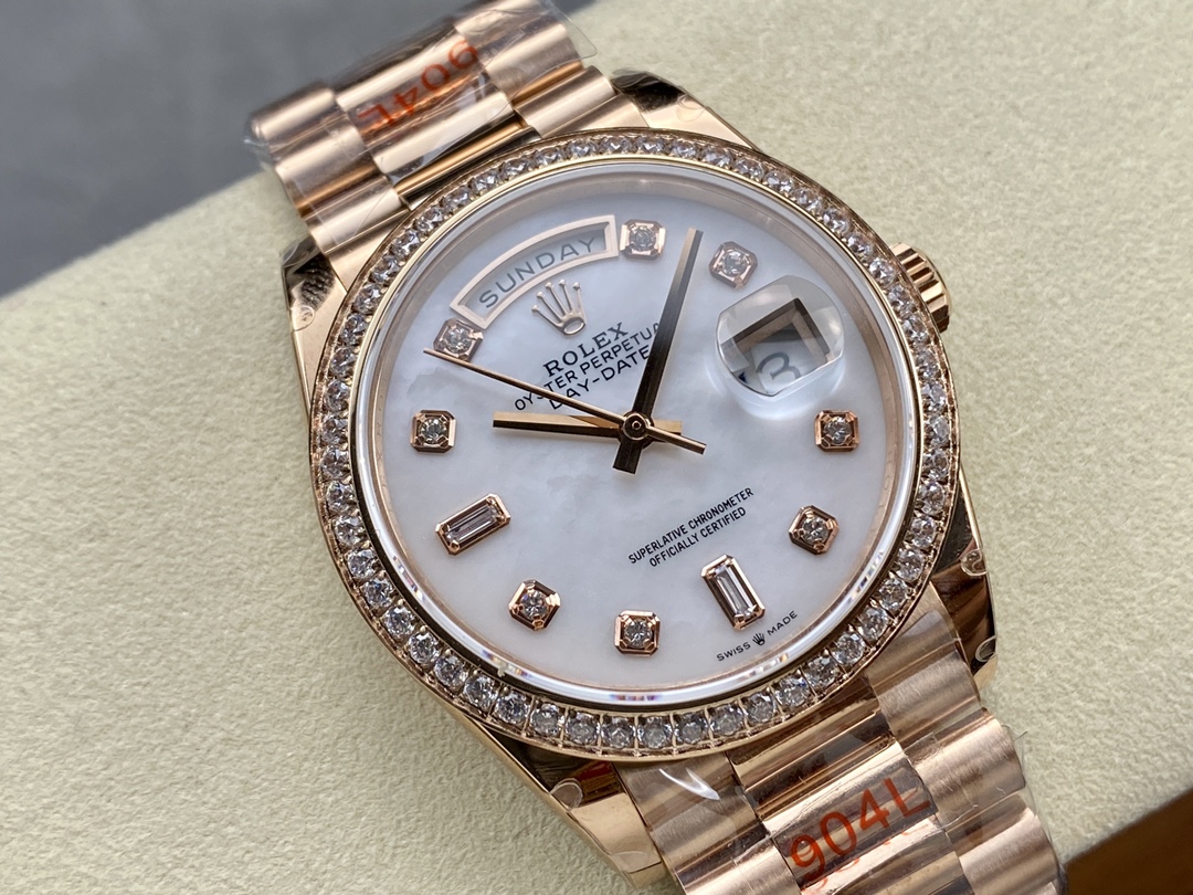 Rolex Day-Date 36MM 128345RBR 0028 Mother of Pearl White Dial Everose Gold Unisex Replica Watch