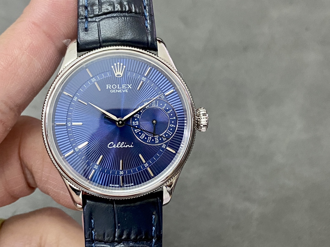 Rolex Cellini Date 50519 Blue Dial Blue Leather Strap 39MM Mens Replica Watch